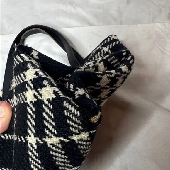 Burberry Houndstooth Black And Off White Wool/Leather Bag.